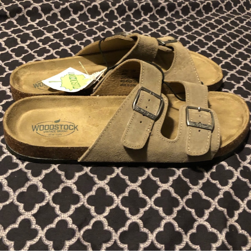 Woodstock Wear Sz 12 Suede Leather Sandals Slide Bert Buckle Brown Retro